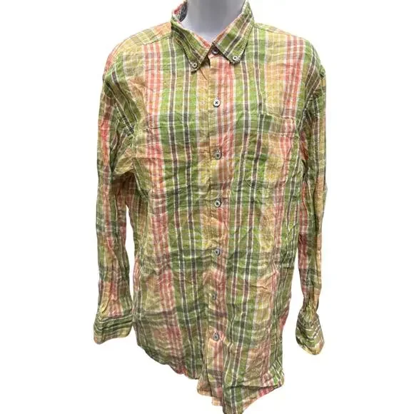 TOMMY BAHAMA Women Large Linen Cotton Plaid Long Sleeve Button Shirt Green pink - Picture 2 of 4